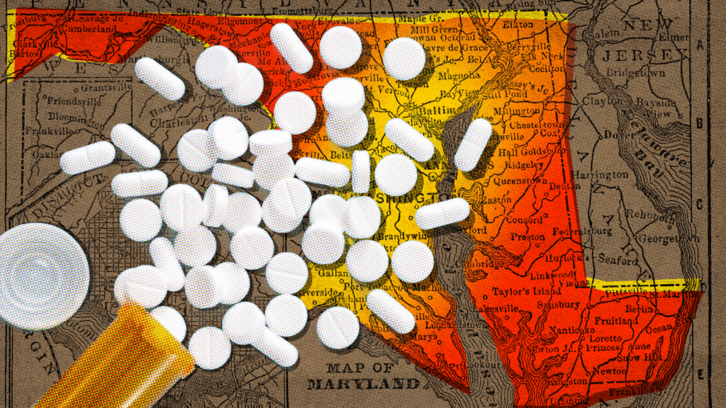 Map of Maryland with pills spilled over