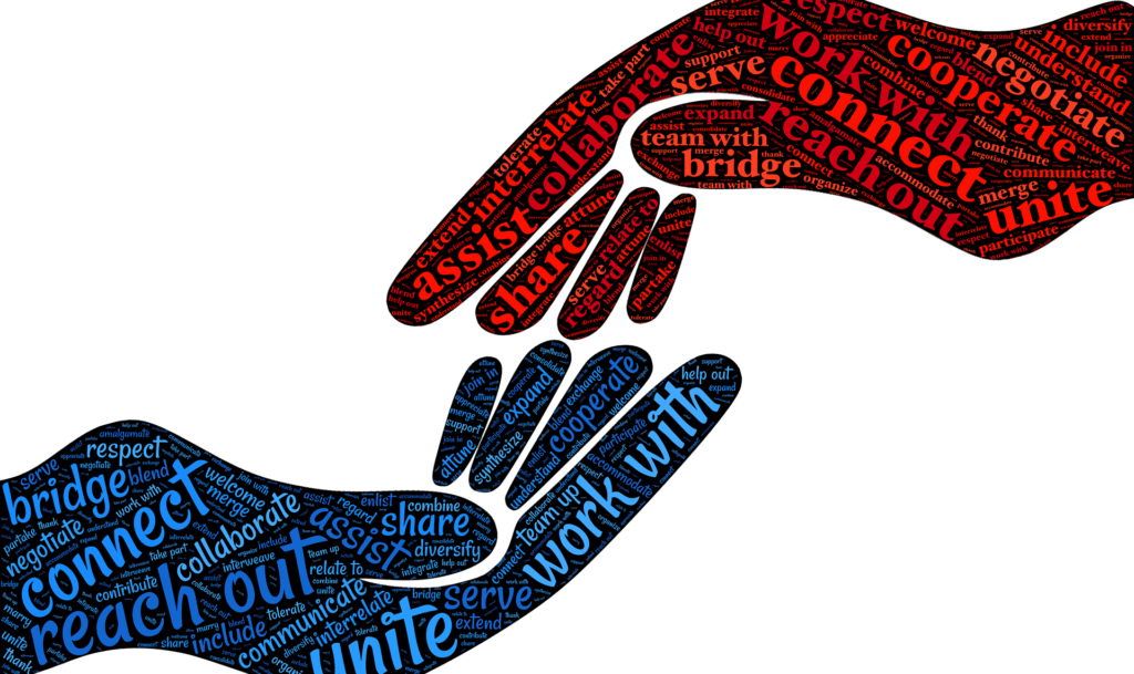 two word clouds shaped like hands connecting