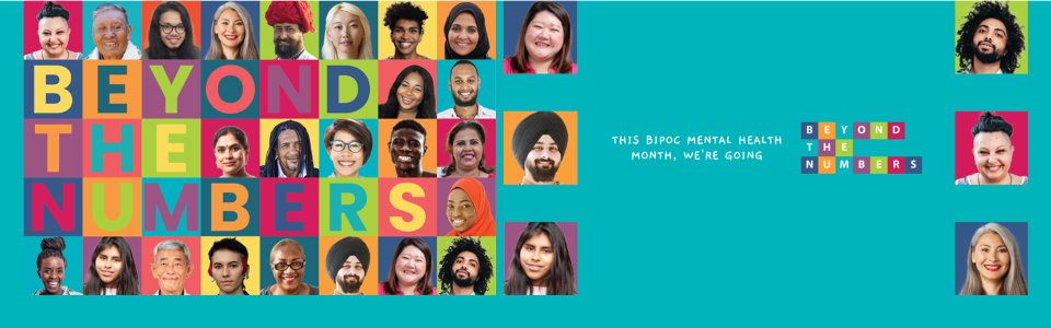 many multi-cultural faces in squares; BIPOC mental health month