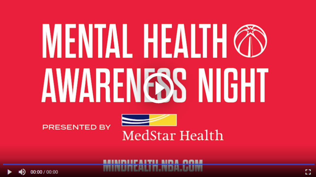 screenshot of video; red background with arrow in circle in middle; mental health awareness night presented by MedStar Health