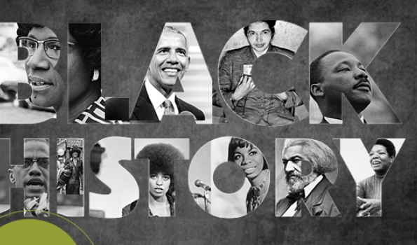 Letters spelling Black History in black and white text with photos of black leaders.