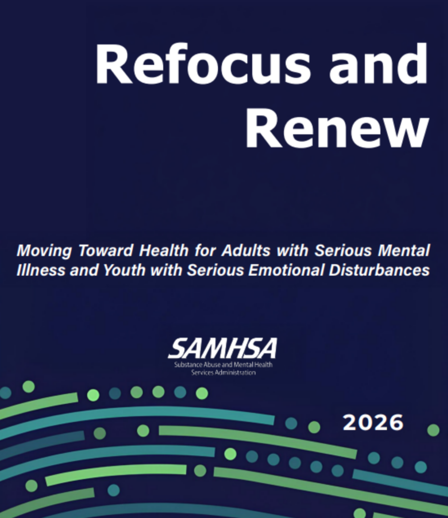 A professional graphic for the SAMHSA "Refocus and Renew" series. The design features a modern, abstract circular motif in shades of blue and teal, symbolizing movement and integration. To the right, the title "Refocus and Renew: Moving Towards Health Technical Assistance Papers" is displayed in clean, bold typography against a white background